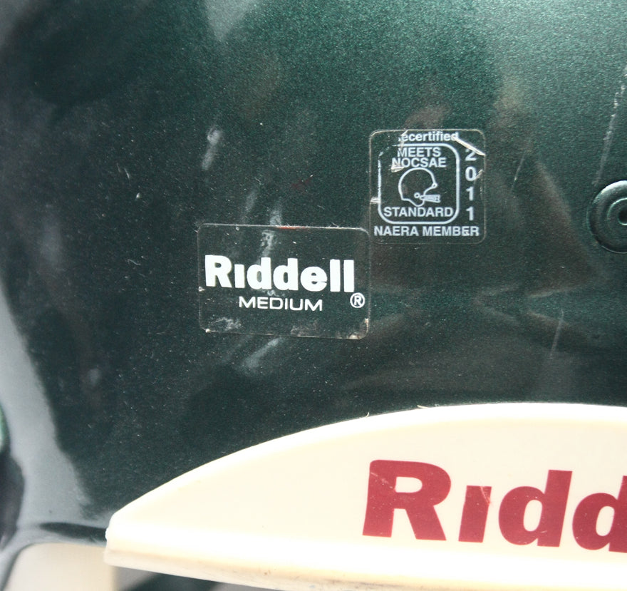 Game Used 2011 Riddell Revolution Football Helmet - Green Metallic -Adult Medium